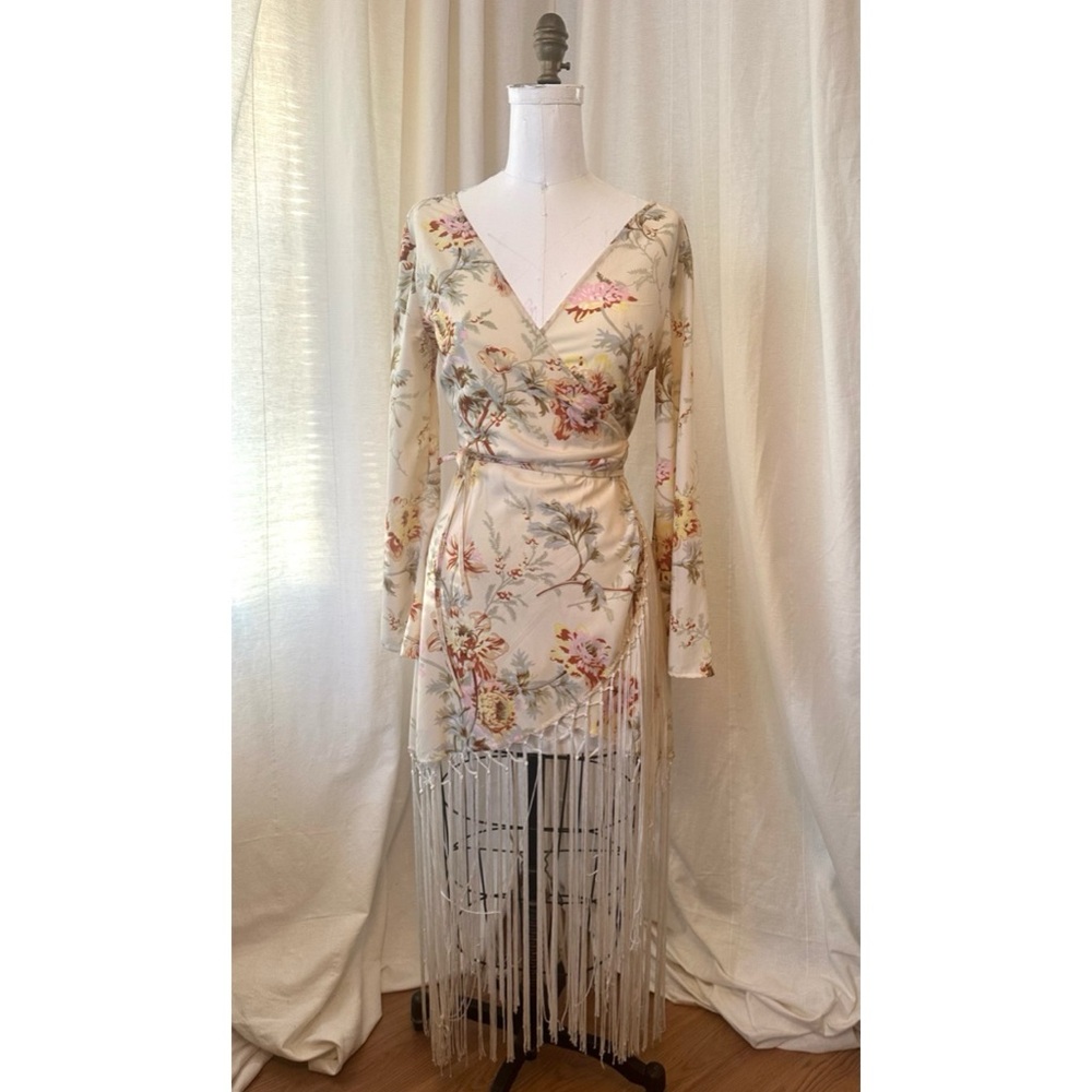 ASOS Floral Long Sleeve Dress with Fringe